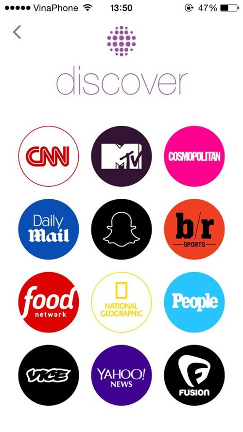 Từ Snapchat, người dùng có thể xem được video, hình ảnh, tin tức từ những trang thông tin nồi tiếng doanhnhansaigon