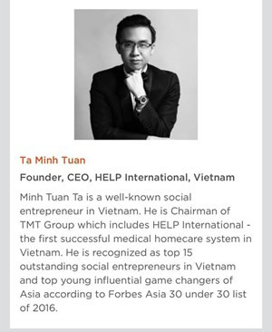 Phần giới thiệu về doanh nhân xã hội Tạ MinhTuấn trên website chính thức của One Young World