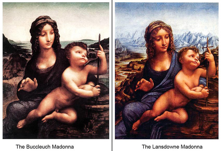 2 bức tranh Đức Mẹ với cây kéo sợi chỉ khác về hậu cảnh