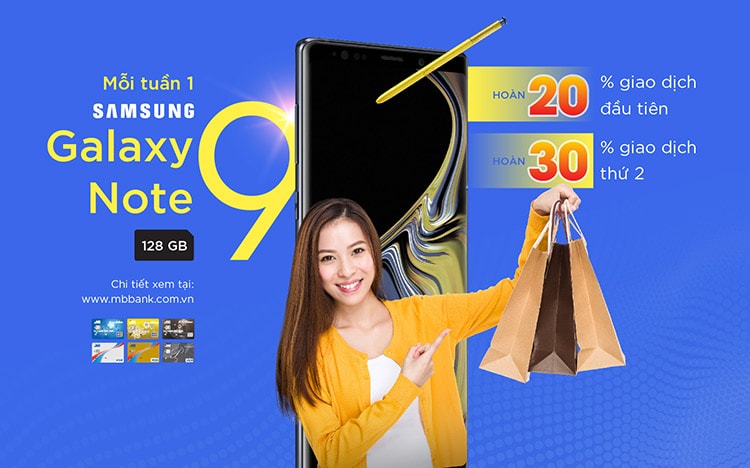 Chi tiêu thẻ tín dụng MB được hoàn tiền 30% và cơ hội trúng 1 Samsung Galaxy Note 9 - 128 GB mỗi tuần