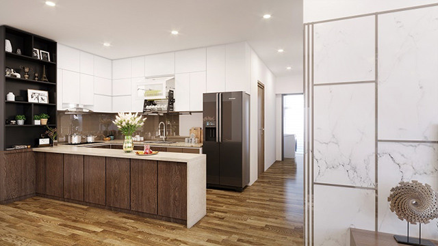 Nhà bếp được thiết kế thông với phòng khách nhằm tối ưu diện tích nhưng vẫn đảm bảo được công năng sử dụng