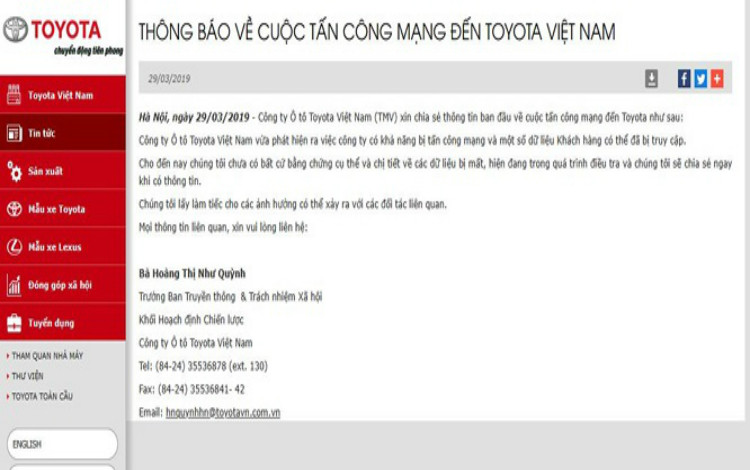 Toyota Việt Nam xác nhận bị hacker tấn công