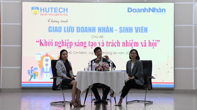 Ông Phan Hùng Dũng - Chủ tịch HĐQT Fiore Healthy Resort và bà Đoàn Kiều My - Giám đốc Marketing Vietnam Startup Foundation chia sẻ với các sinh viên.