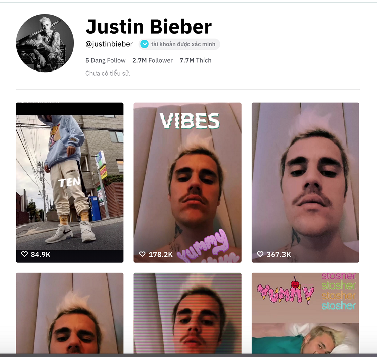 Justin Bieber cán mốc 2,3 triệu followers sau 10 ngày trên TikTok