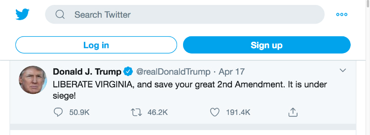 Dòng tweet với nội dung giải phóng bang Virginia của ông Trump, kèm theo là lời kêu gọi cứu lấy tu chính án số 2