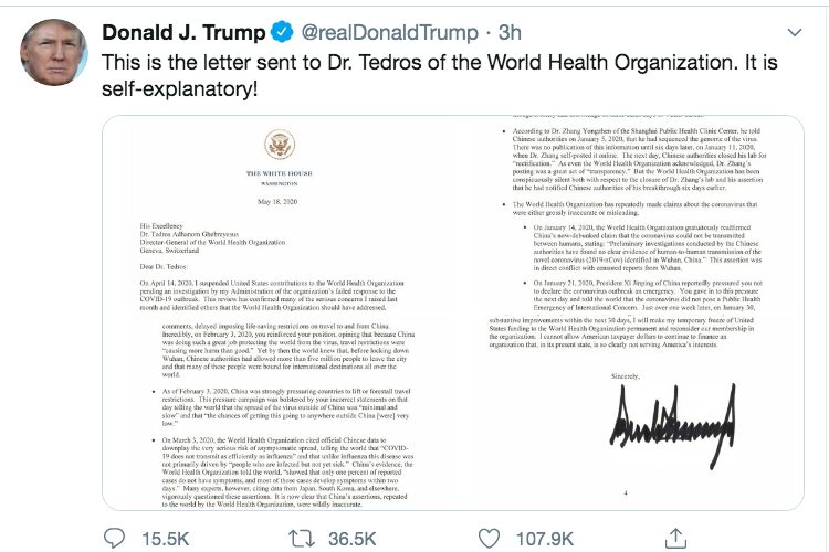 Dòng tweet với 4 bức ảnh chụp thư gửi Tổng giám đốc WHO của ông Trump