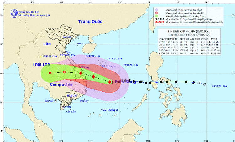 Hướng đi của cơn bão số 9- Nguồn từ TTDBKTTVQG phát hồi 14g30 ngày 27/10/2020
