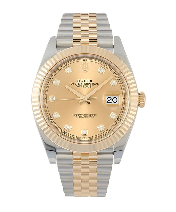 Đồng hồ Rolex Oyster Perpetual Datejust 41mm chế tác từ thép không gỉ đính 10 viên kim cương mặt bằng vàng.   Giá tham khảo: 20.516 USD