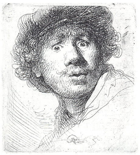 Chân dung tự hoạ với đôi mắt mở to, 1630. Tranh khắc axit. Bức tranh có kích thước rất nhỏ, chỉ 5,1 × 4,5 cm. Đây là một trong những tác phẩm nổi tiếng của Rembrandt ở thể loại chân dung tự hoạ. Ông đã đưa vào tác phẩm những cảm xúc mạnh mẽ.)