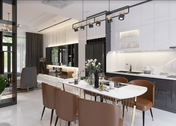 Thiết kế mở, không vách ngăn của tầng trệt có thể làm cửa hàng hoặc làm phòng khách liền kề phòng bếp
