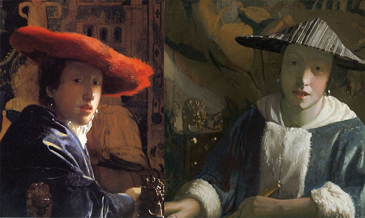 2 bức Cô gái đội mũ đỏ (Girl with the red hat, 1665-1666) và Cô gái với cây sáo (Girl with a flute, 1665-1670) của Vermeer