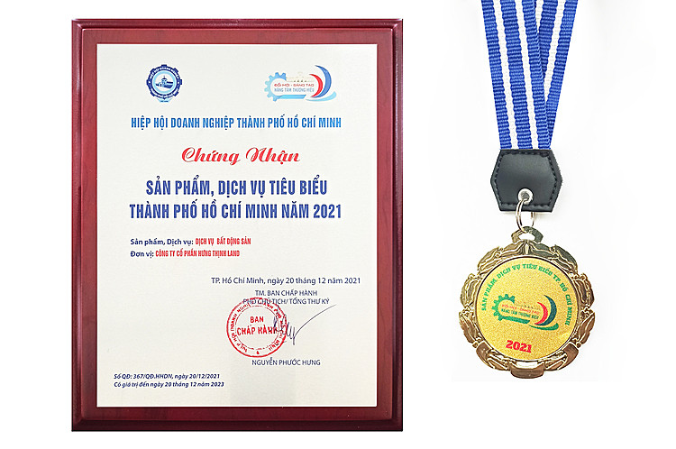 Chứng nhận và kỷ niệm chương giải thưởng “Sản phẩm, dịch vụ tiêu biểu TP.HCM năm 2021” dành cho Hưng Thịnh Land