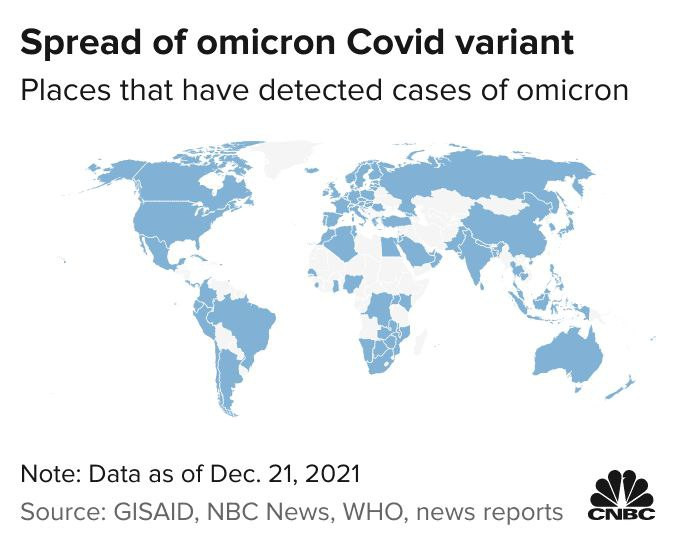 Biến chủng Omicron đã được tìm thấy ở khoảng 100 quốc gia, vùng lãnh thổ. Ảnh: CNBC.
