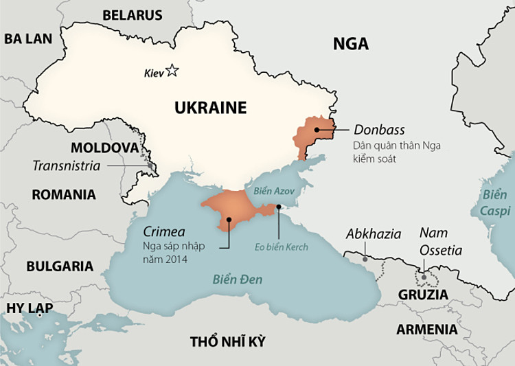 Vị trí hai vùng ly khai ở miền Đông Ukraine mà Nga vừa công nhận độc lập. Đồ họa: New York Times. Việt hóa: Phương Linh.