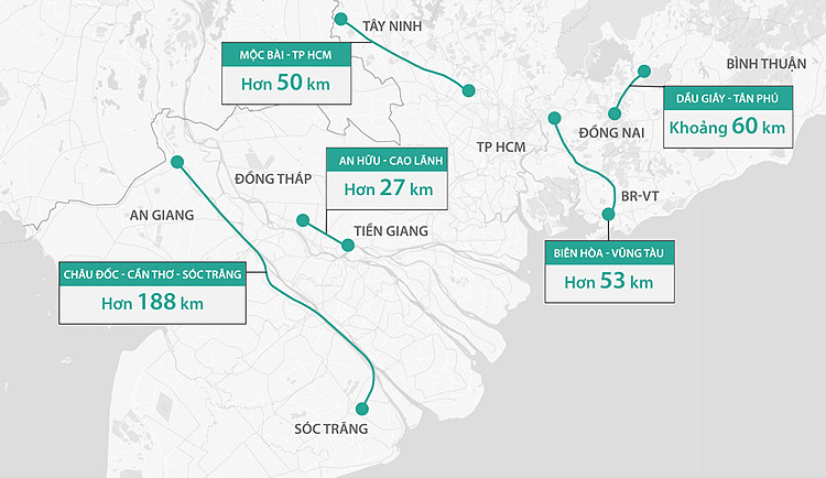 Hướng tuyến 5 dự án cao tốc ở phía Nam sắp triển khai. Đồ họa: Thanh Huyền