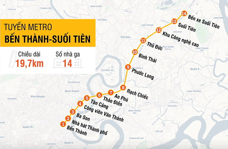 Lộ trình tuyến Metro Bến Thành - Suối Tiên. Đồ họa: Tâm Linh/VnExpress
