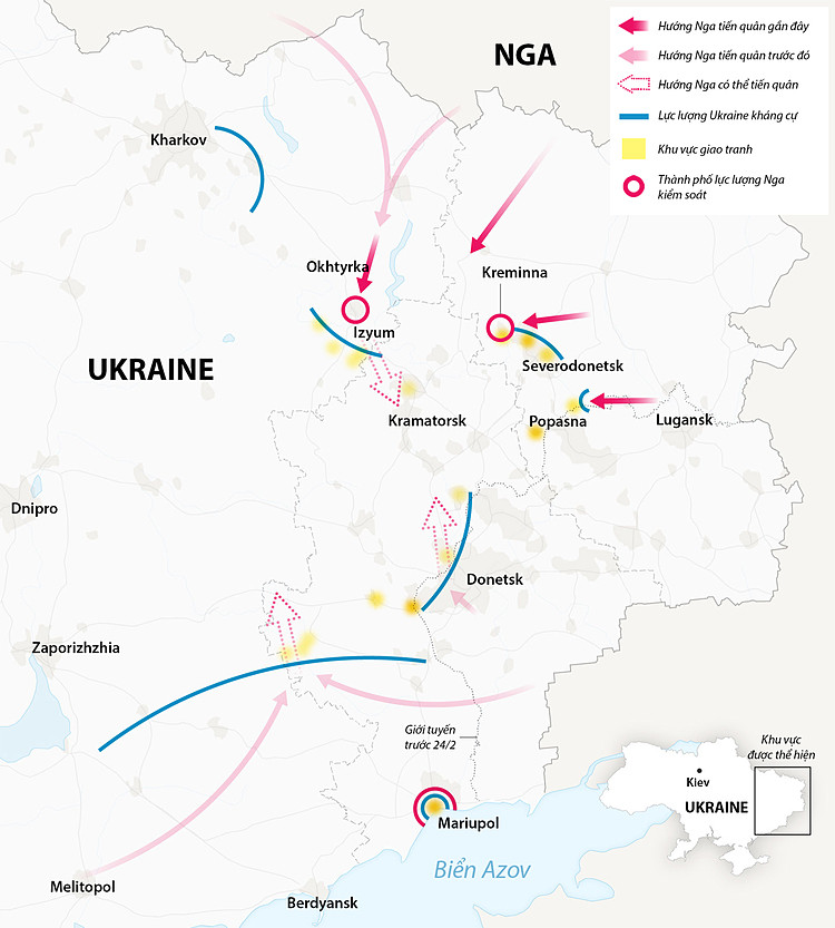 Hướng thọc sâu của Nga ở miền đông Ukraine. Đồ họa: NY Times.