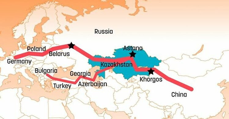 Hai tuyến thương mại từ Trung Quốc tới châu Âu: Northern Corridor (phía trên) đi qua Nga - Belarus, Middle Corridor (dưới) đi qua các nước Trung Á - vùng Caucasus - Thổ Nhĩ Kỳ. Đồ họa: Euractive.
