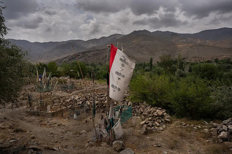 Lá cờ in hình một bông hoa hồng, một bông hoa tulip và một chiếc máy bay không người lái đang ném bom được cắm giữa một số ngôi mộ ở làng Ismail Khel. Ảnh: Guardian.