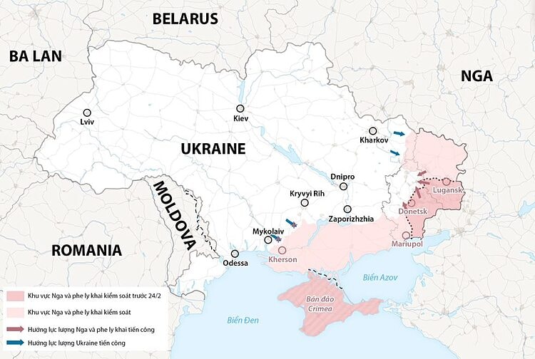 Đà phản công của lực lượng Ukraine ở miền đông và nam. Đồ họa: WP.