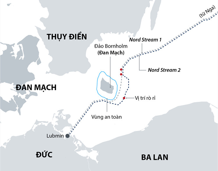 Vị trí rò rỉ trên đường ống Nord Stream 1 và Nord Stream 2. Đồ họa: DW.