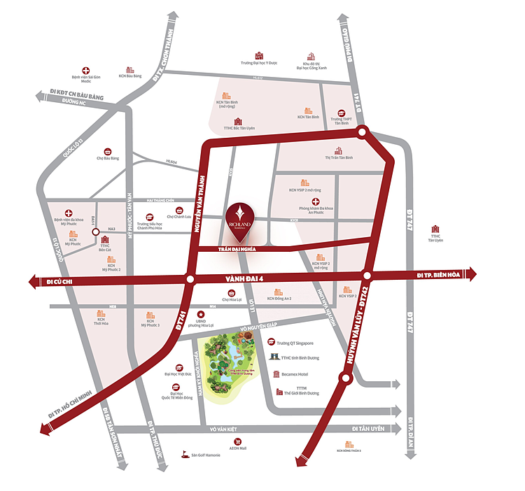 Richland Residence được bao quanh bởi nhiều KCN lớn và dân cư sầm suất.