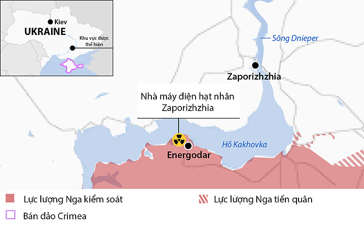 Vị trí nhà máy hạt nhân Zaporizhzhia và thành phố Energodar ở miền nam Ukraine. Đồ họa: BBC.