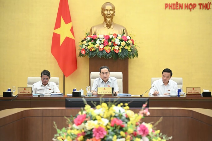 Chủ tịch Quốc hội Trần Thanh Mẫn và các phó chủ tịch Quốc hội tại phiên họp Thường vụ này 10/6. Ảnh: Cổng TTĐT Quốc hội