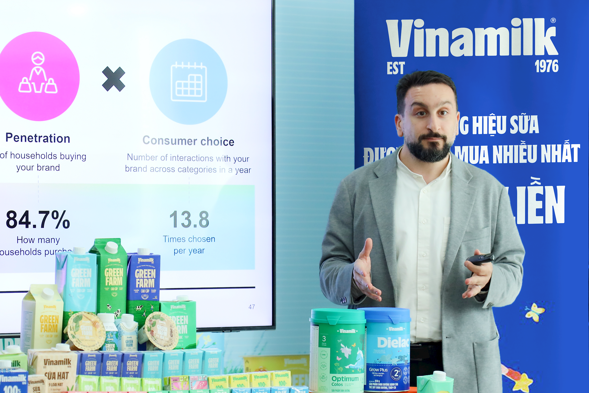 Ông Peter Christou - Tổng giám đốc Kantar Vietnam, Worldpanel Division chia sẻ về kết quả của báo cáo Dấu chân thương hiệu (Ảnh: Nguyên Phương).