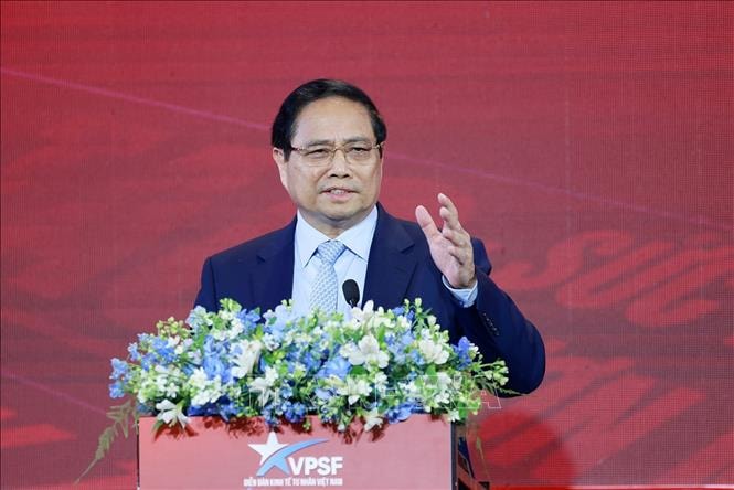 Thủ tướng Phạm Minh Chính phát biểu tại VPSF 2025; Ảnh TTXVN