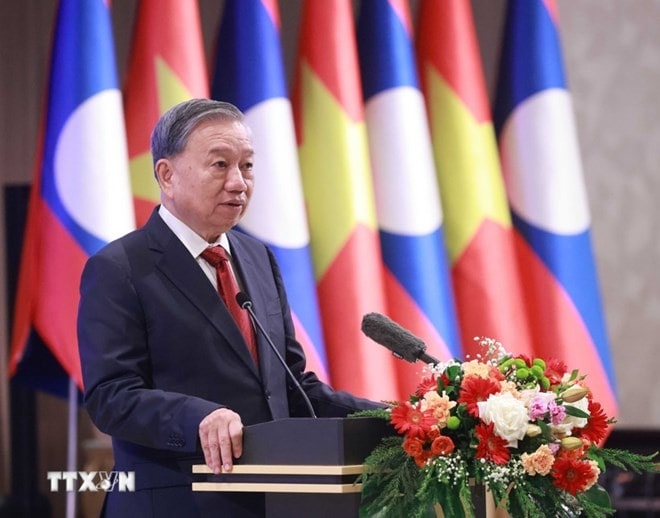 Tổng Bí thư Tô Lâm phát biểu tại tiệc chiêu đãi cấp Nhà nước ở Lào. Ảnh: TTXVN
