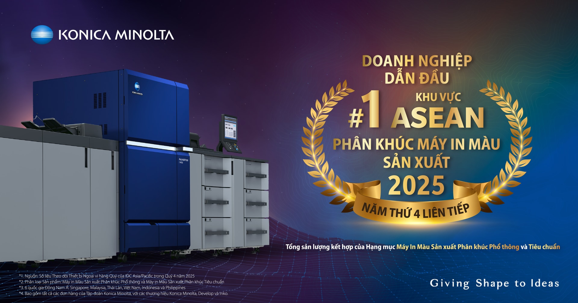 Hình 1. Konica Minolta dẫn đầu thị phần Máy In Màu Sản Xuất phân khúc Phổ thông và Tiêu chuẩn tại Đông Nam Á năm thứ tư liên tiế