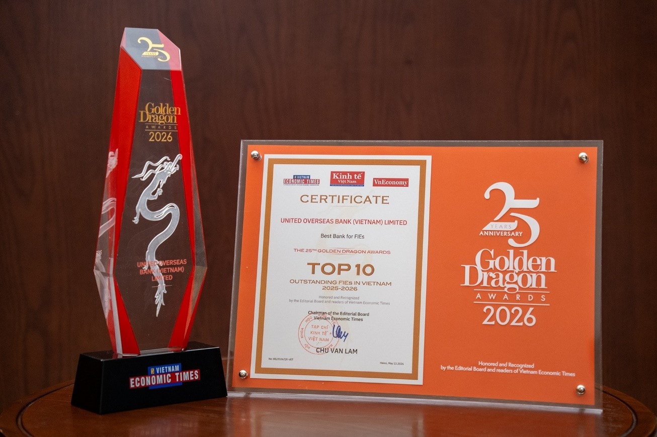 UOB Việt Nam được vinh danh là “Best bank for FIEs” – Ngân hàng tốt nhất cho các doanh nghiệp có vốn đầu tư nước ngoài, thuộc Top 10 các doanh nghiệp FDI tiêu biểu tại Việt Nam 2025 -2026