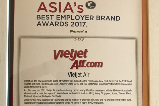 Vietjet là thương hiệu tuyển dụng tốt nhất châu Á năm thứ 2 liên tiếp