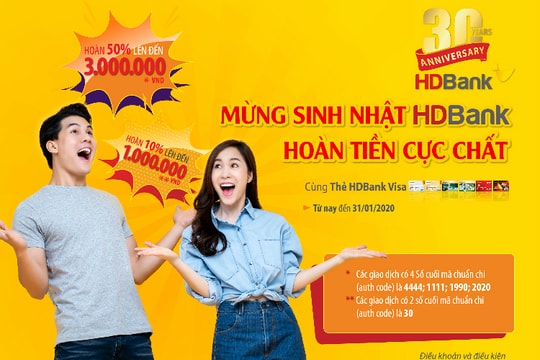 Ưu đãi hoàn tiền 50% khi sử dụng thẻ HDBank Visa