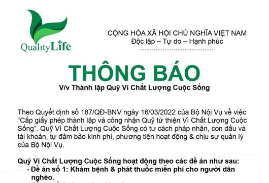 Thành lập Quỹ Từ thiện vì chất lượng cuộc sống