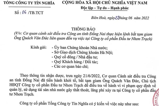 Thông báo từ Tổng công ty Tín Nghĩa liên quan đến việc ông Quách Văn Đức bị bắt