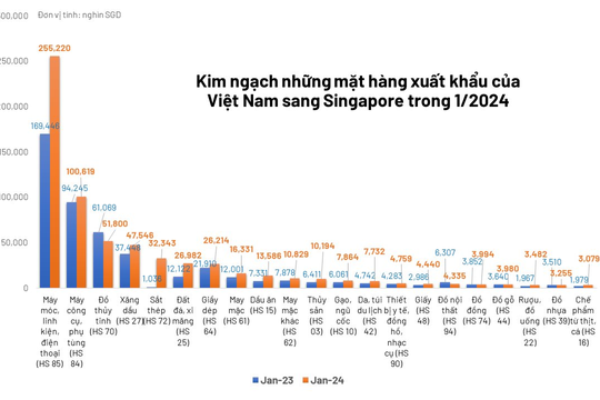 Việt Nam - Singapore: Xuất khẩu 1/2024 tăng ở mặt hàng nào? Việt Nam - Singapore: Xuất khẩu 1/2024 tăng ở mặt hàng nào?
