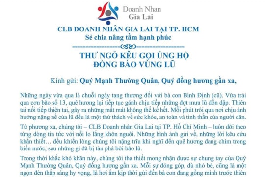 CLB Doanh nhân Gia Lai tại TP.HCM kêu gọi chung tay hỗ trợ đồng bào vùng lũ