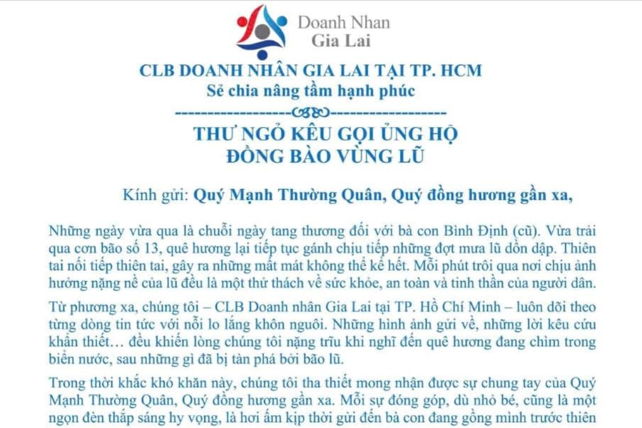 CLB Doanh nhân Gia Lai tại TP.HCM kêu gọi chung tay hỗ trợ đồng bào vùng lũ